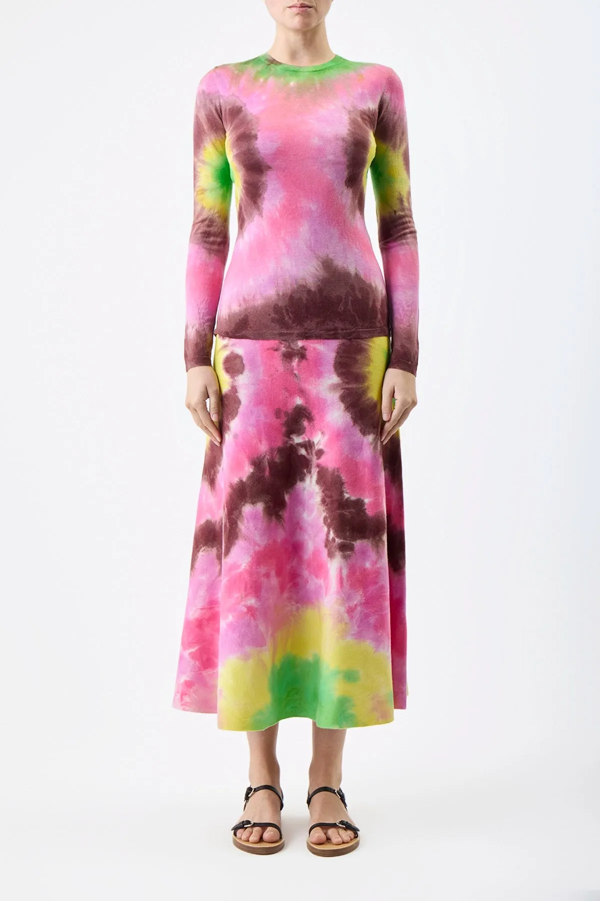 Olive Knit Midi Skirt in Multi Tie Dye Cashmere