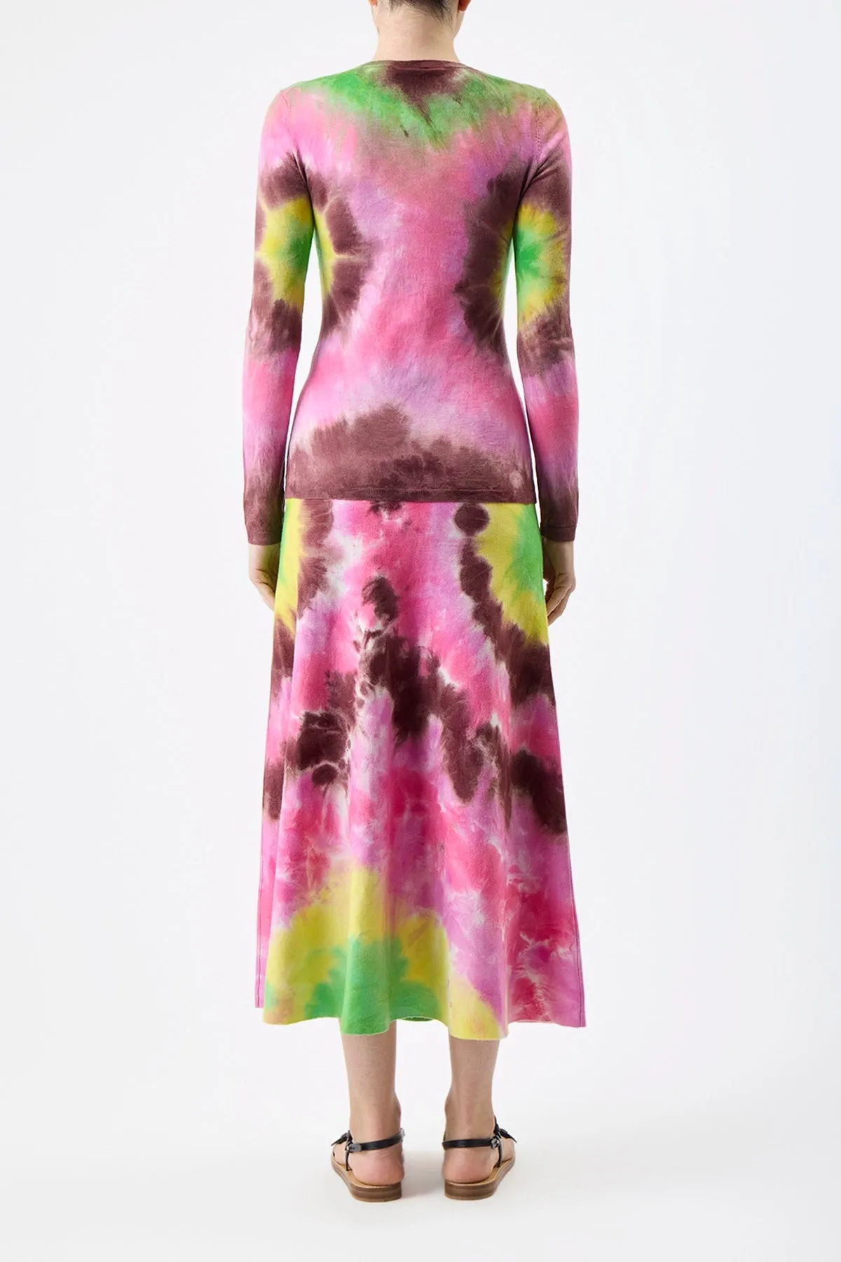 Olive Knit Midi Skirt in Multi Tie Dye Cashmere