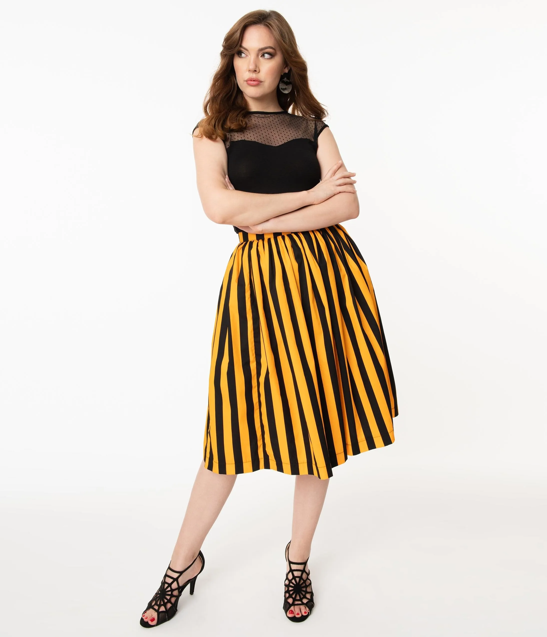 Orange & Black Stripe Gathered Swing Skirt