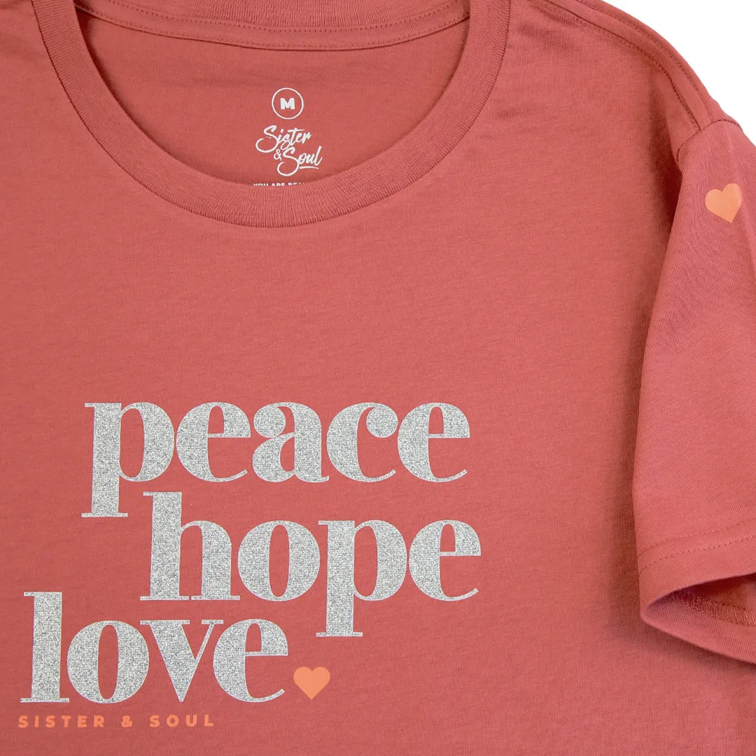 Peace Hope Love - Boxy Tee - Coral with Silver Glitter Print