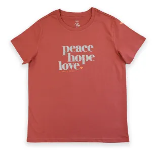 Peace Hope Love - Boxy Tee - Coral with Silver Glitter Print