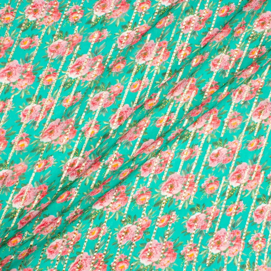 Pink Floral Printed Deep Mint Green Metallic Silk Georgette