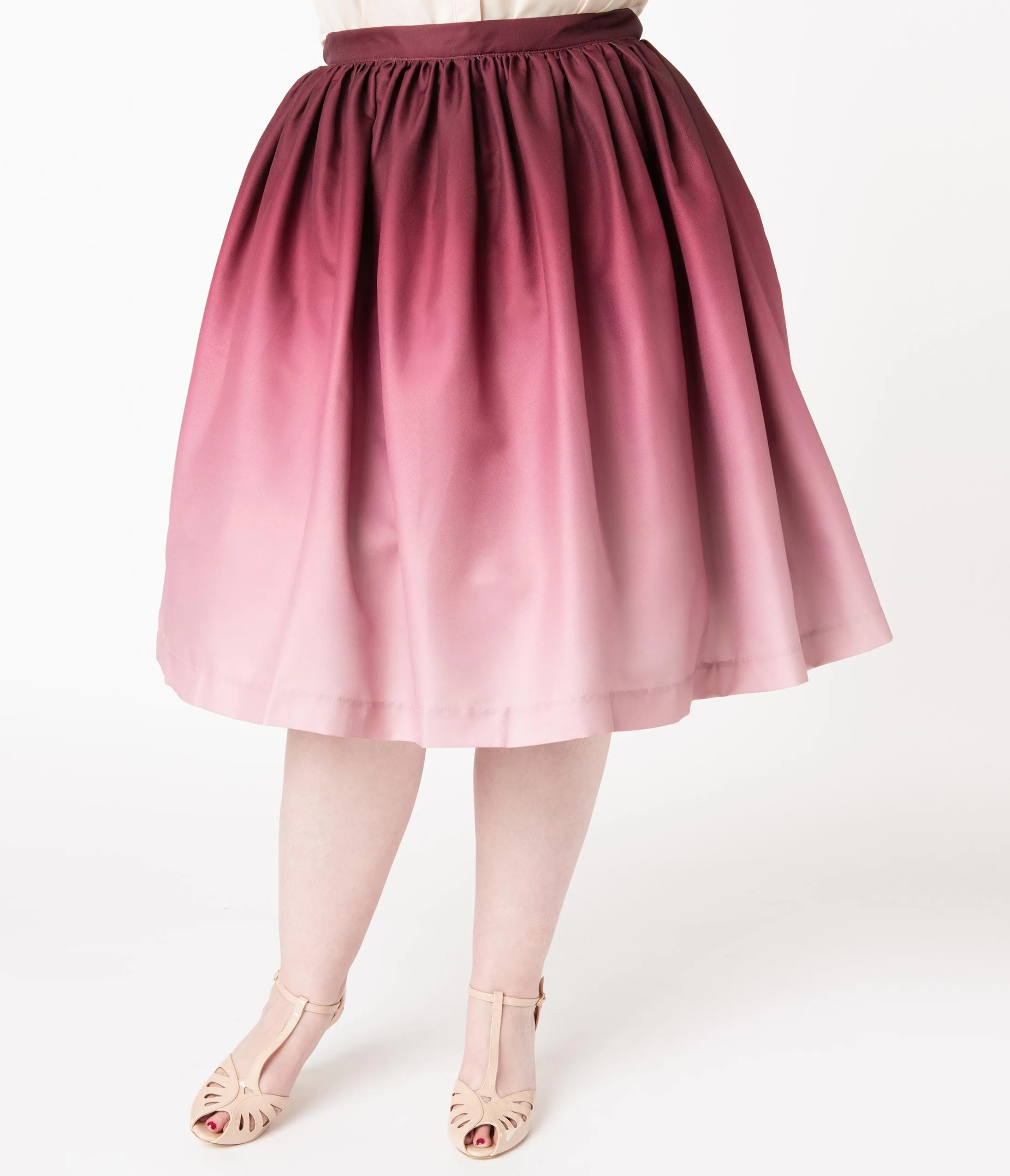 Plus Size Burgundy Ombre Gathered Swing Skirt