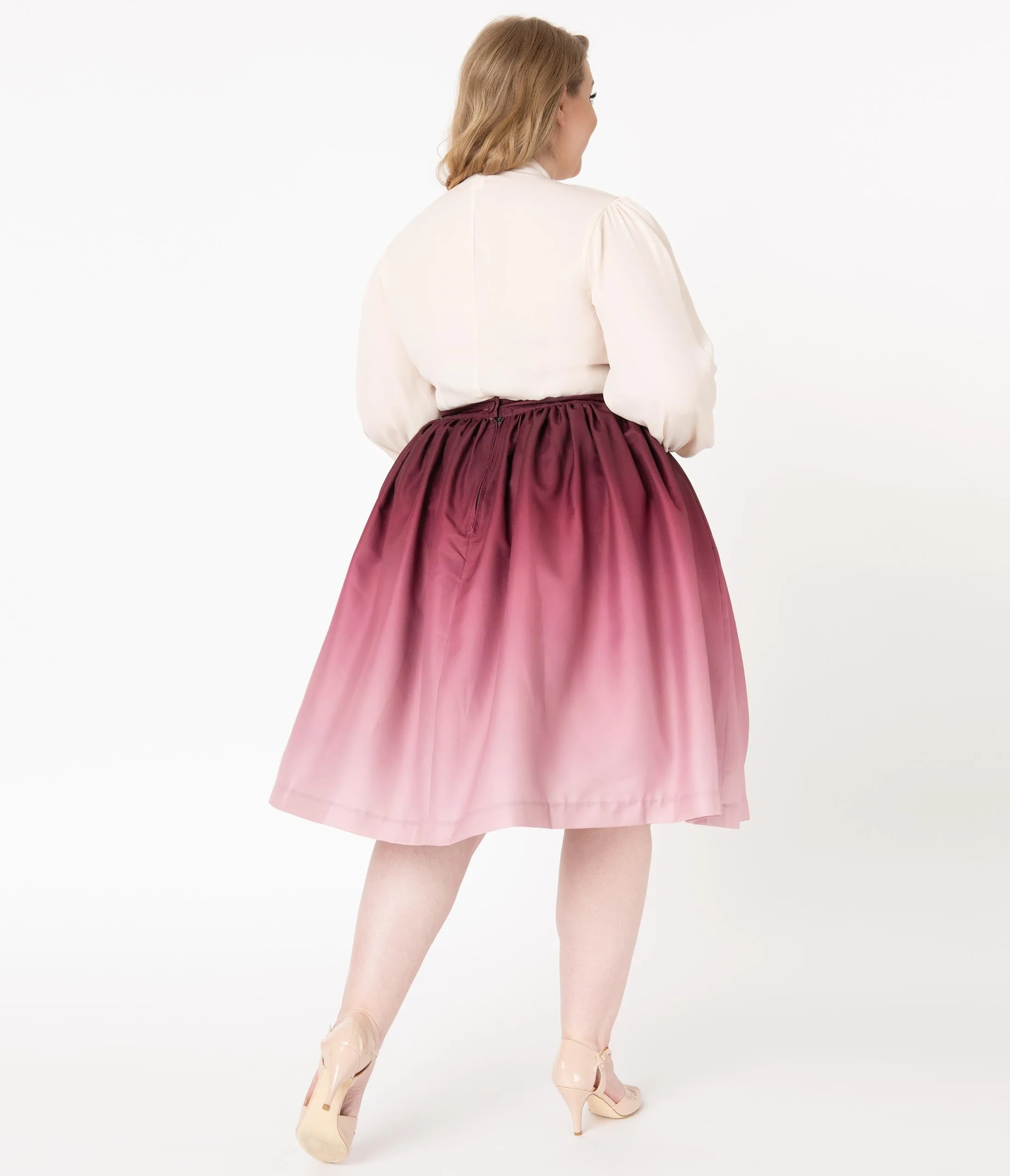 Plus Size Burgundy Ombre Gathered Swing Skirt