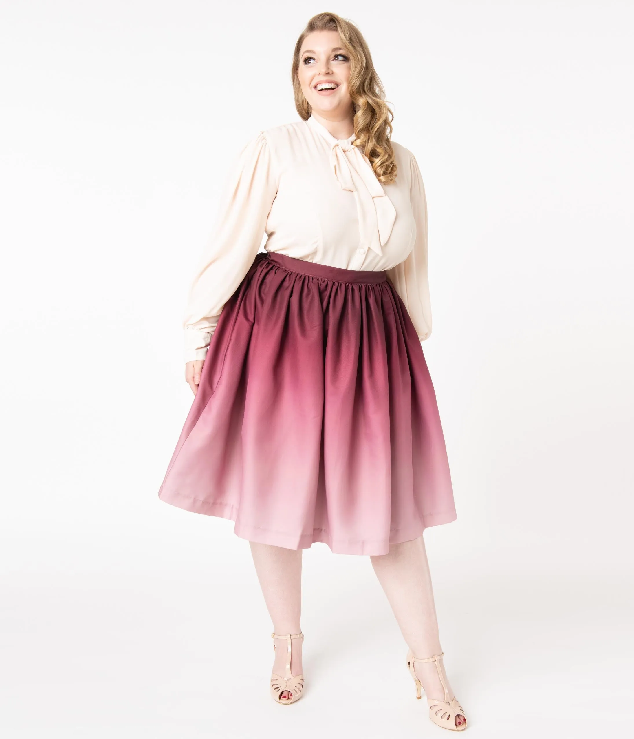 Plus Size Burgundy Ombre Gathered Swing Skirt