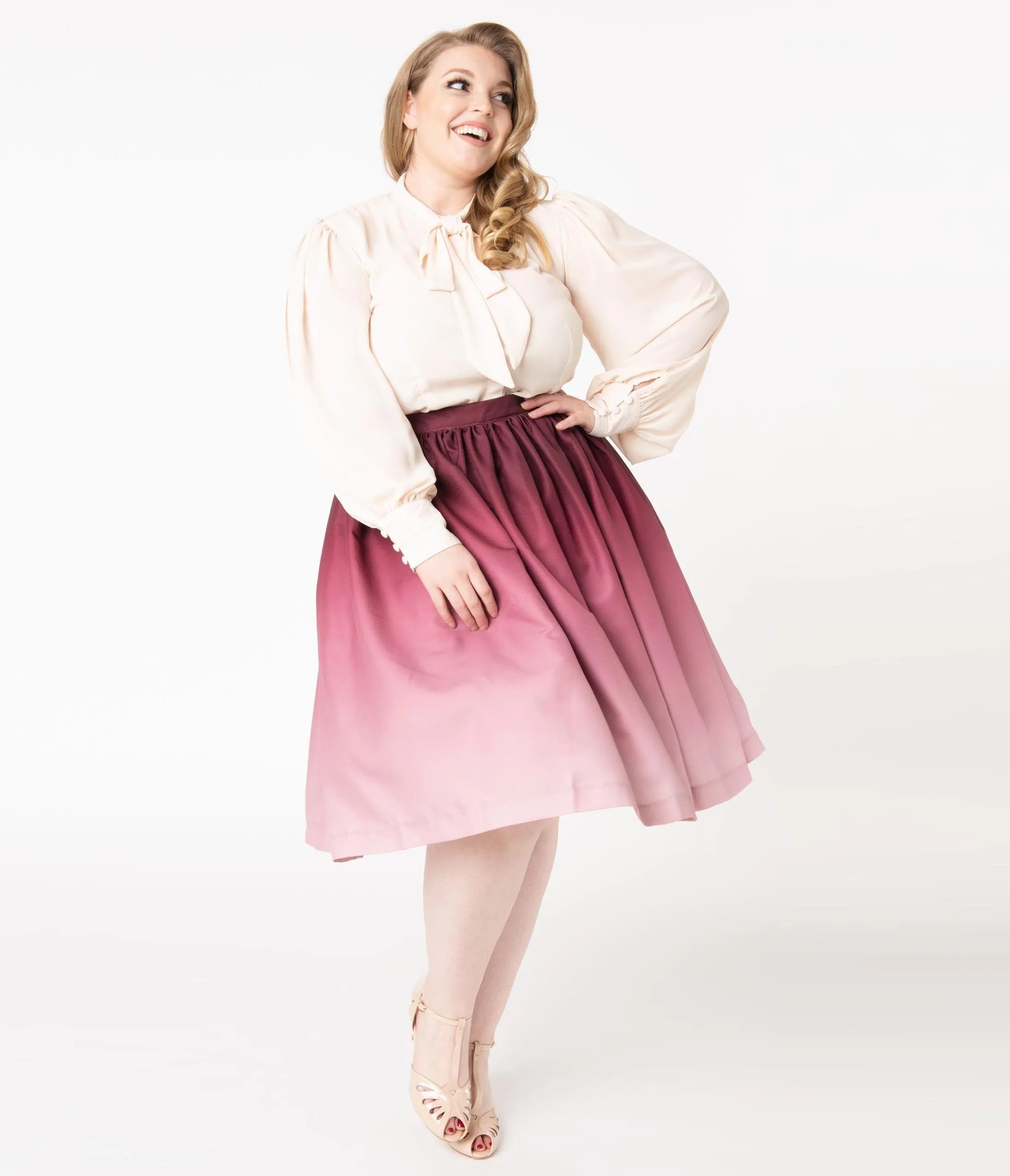 Plus Size Burgundy Ombre Gathered Swing Skirt