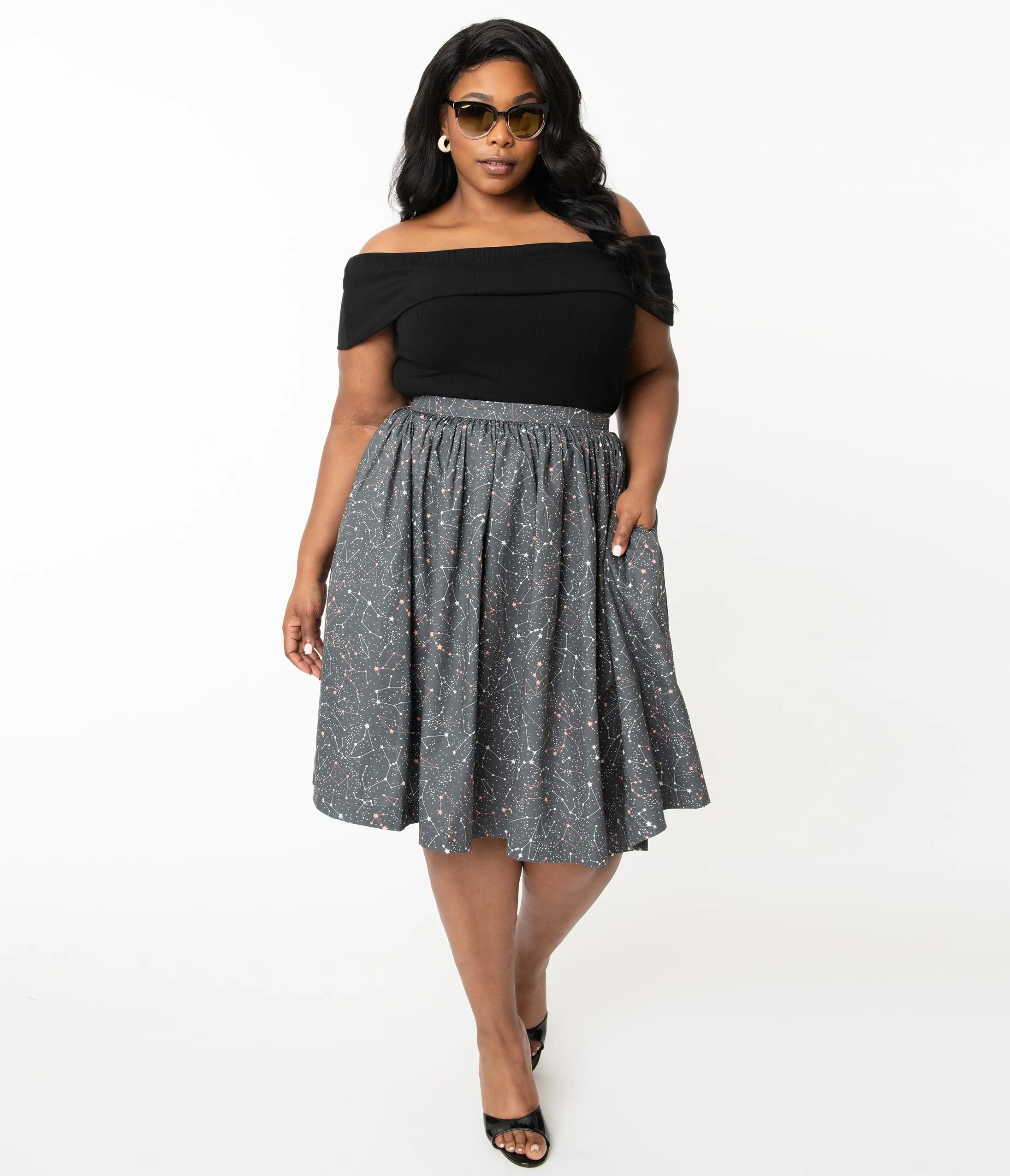 Plus Size Grey Constellation Print Gathered Swing Skirt