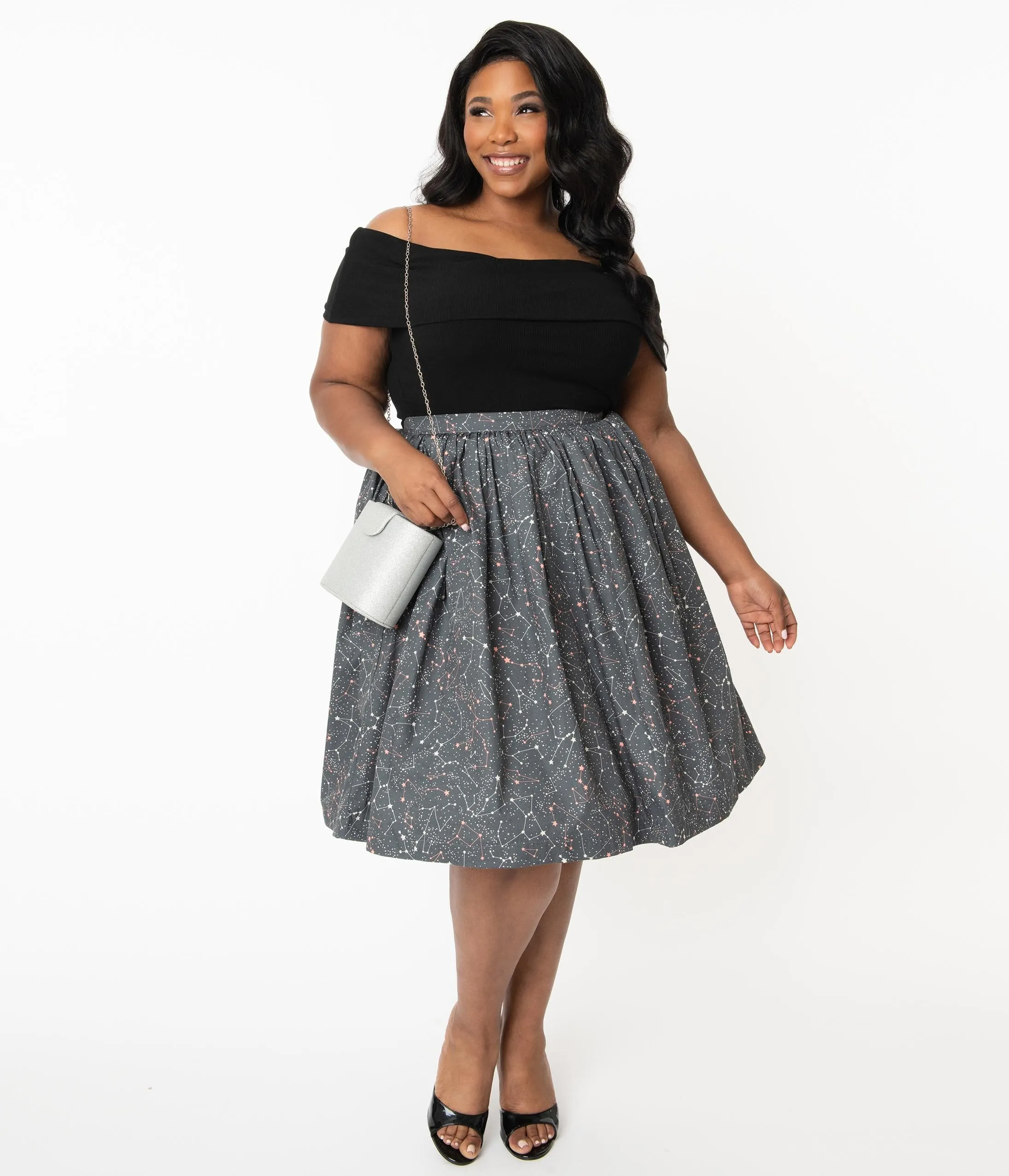 Plus Size Grey Constellation Print Gathered Swing Skirt