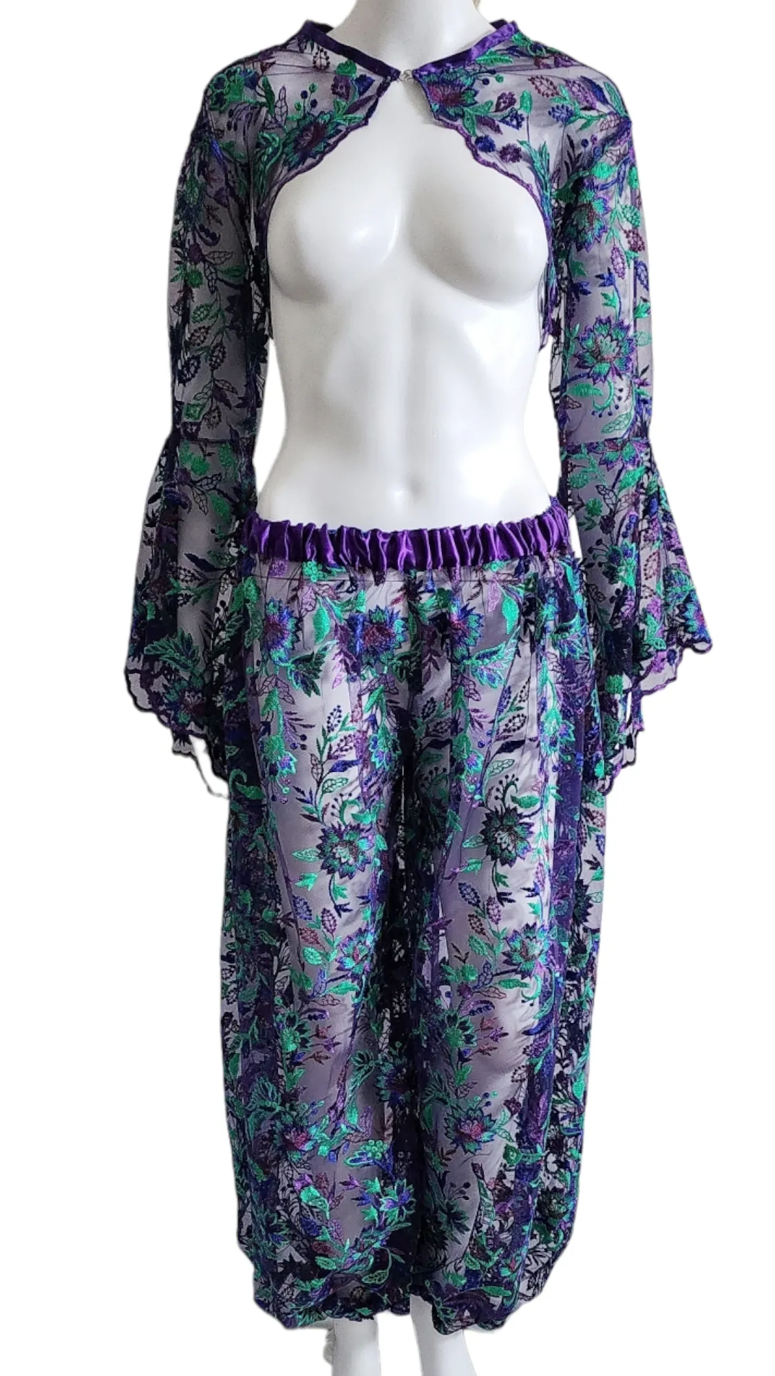 Purple Blue Green Embroidered Fancy Pants and Trumpet Sleeve Bolero Jacket