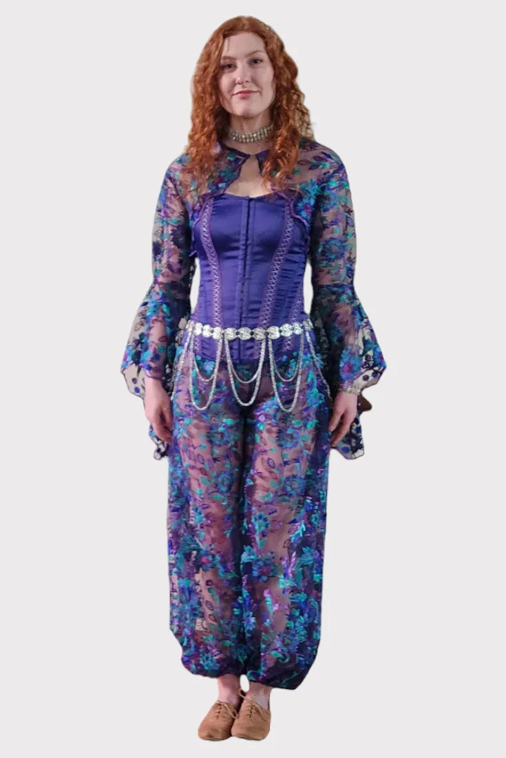 Purple Blue Green Embroidered Fancy Pants and Trumpet Sleeve Bolero Jacket