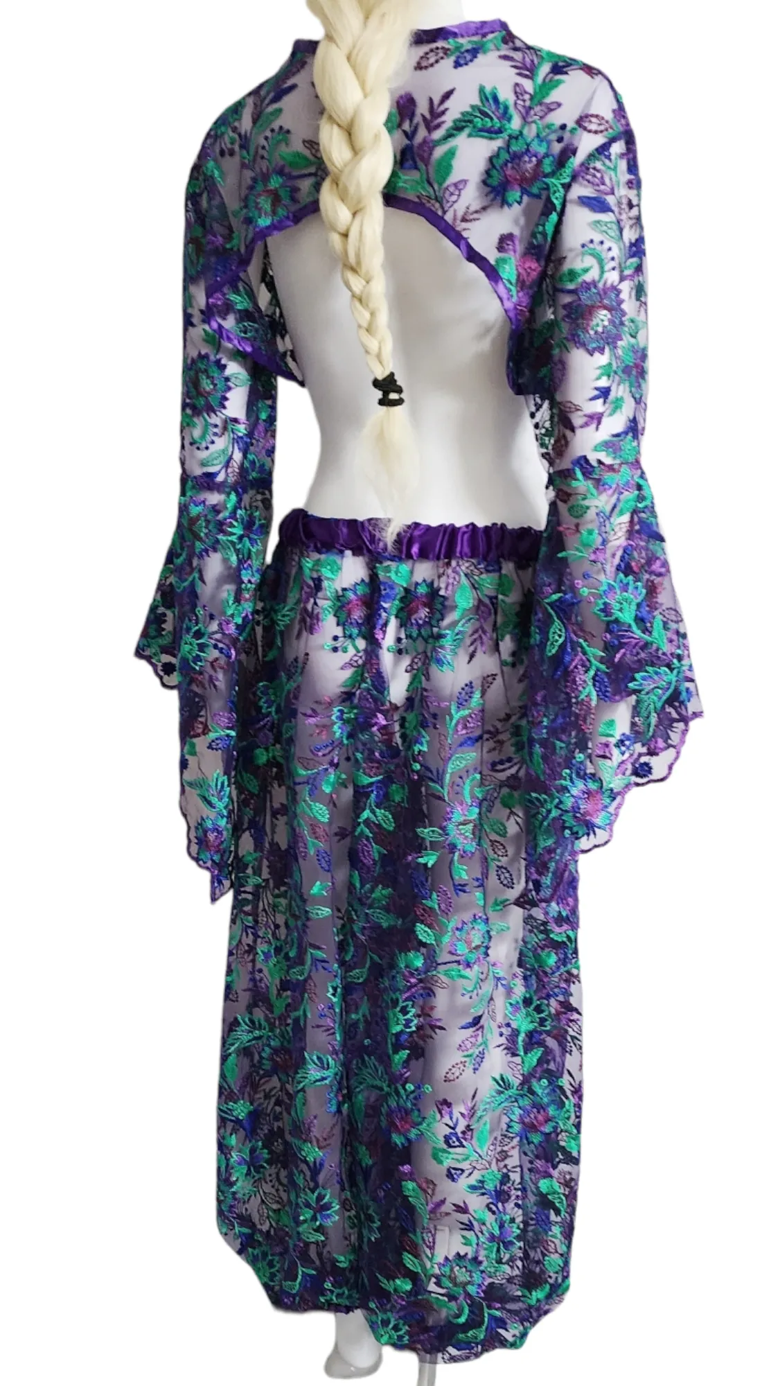 Purple Blue Green Embroidered Fancy Pants and Trumpet Sleeve Bolero Jacket