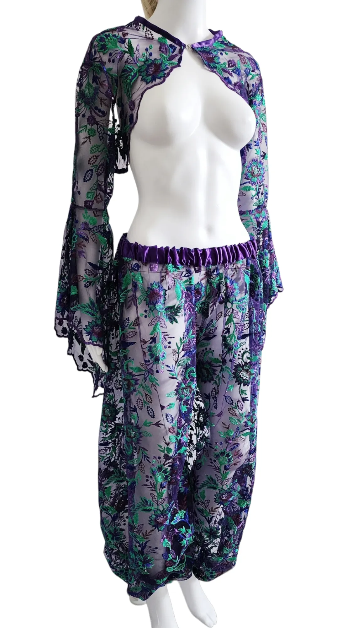 Purple Blue Green Embroidered Fancy Pants and Trumpet Sleeve Bolero Jacket