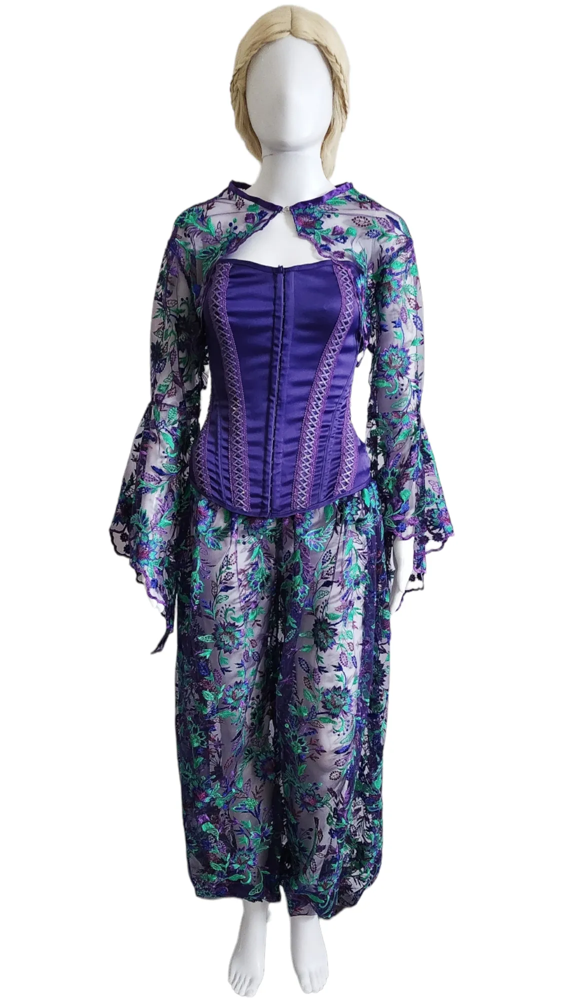 Purple Blue Green Embroidered Fancy Pants and Trumpet Sleeve Bolero Jacket