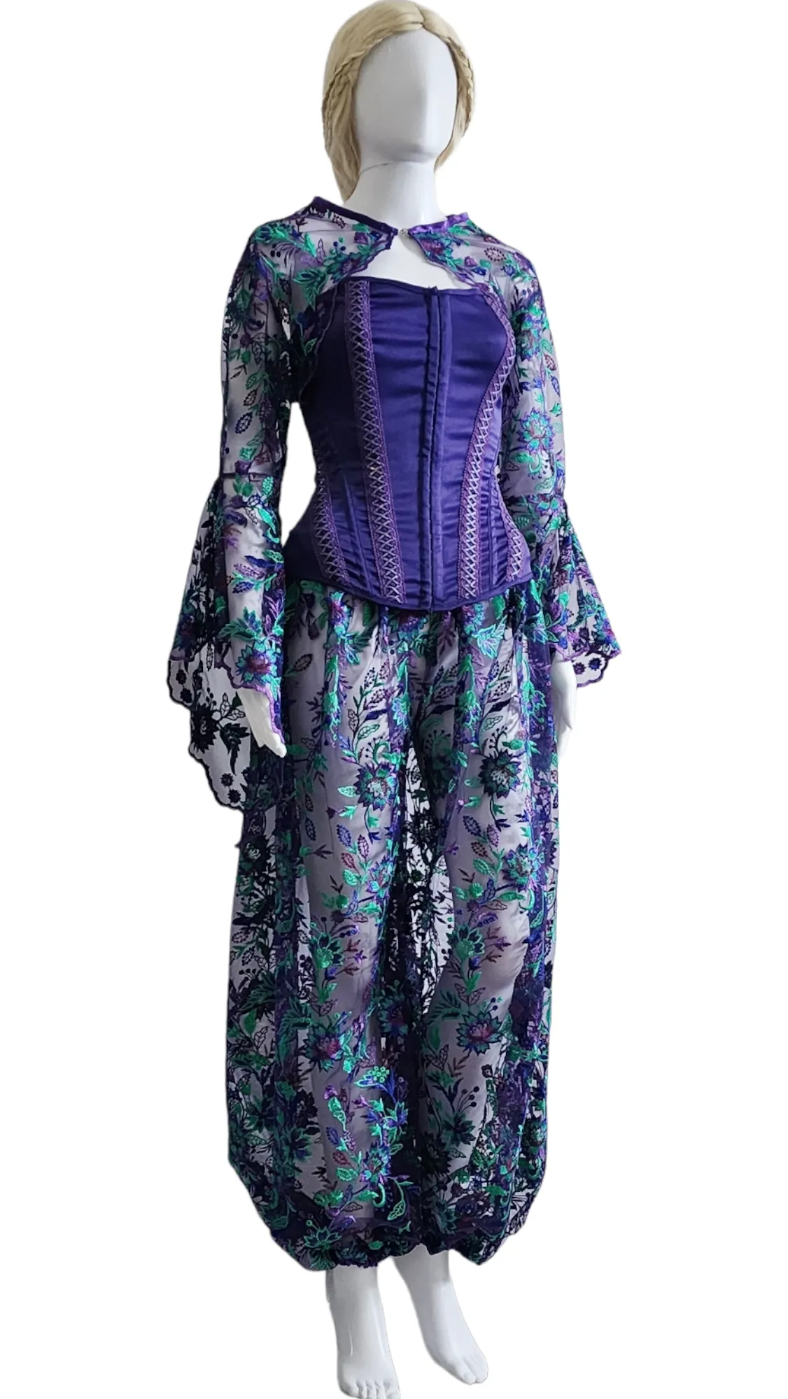 Purple Blue Green Embroidered Fancy Pants and Trumpet Sleeve Bolero Jacket