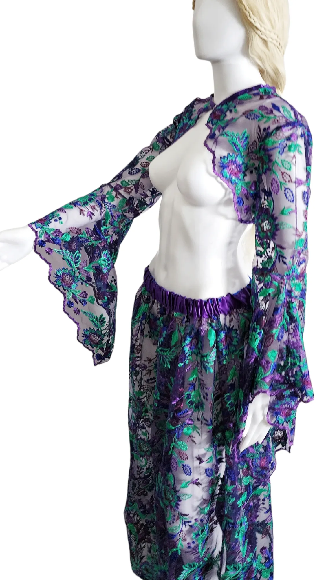 Purple Blue Green Embroidered Fancy Pants and Trumpet Sleeve Bolero Jacket