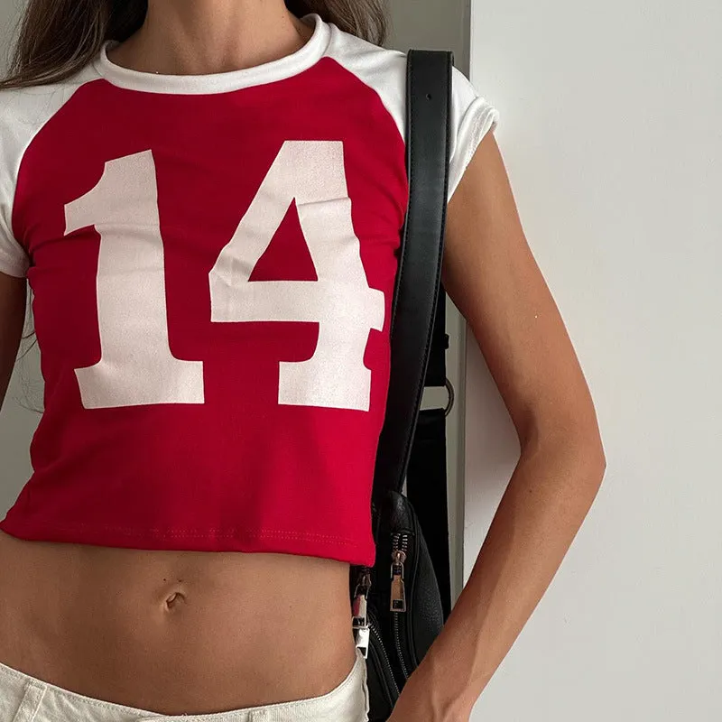 Red Number "14" Graphic Crop Top