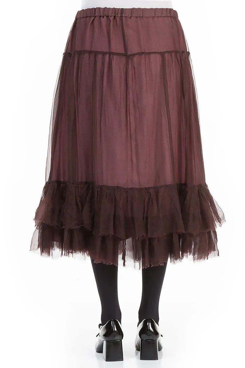 Ruffled Merlot Silk Chiffon Midi Skirt