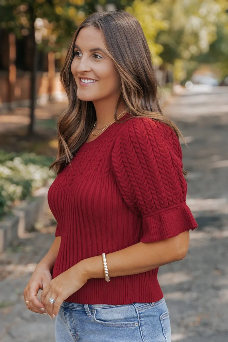 Scarlet Red Puff Sleeve Textured Sweater - FINAL SALE