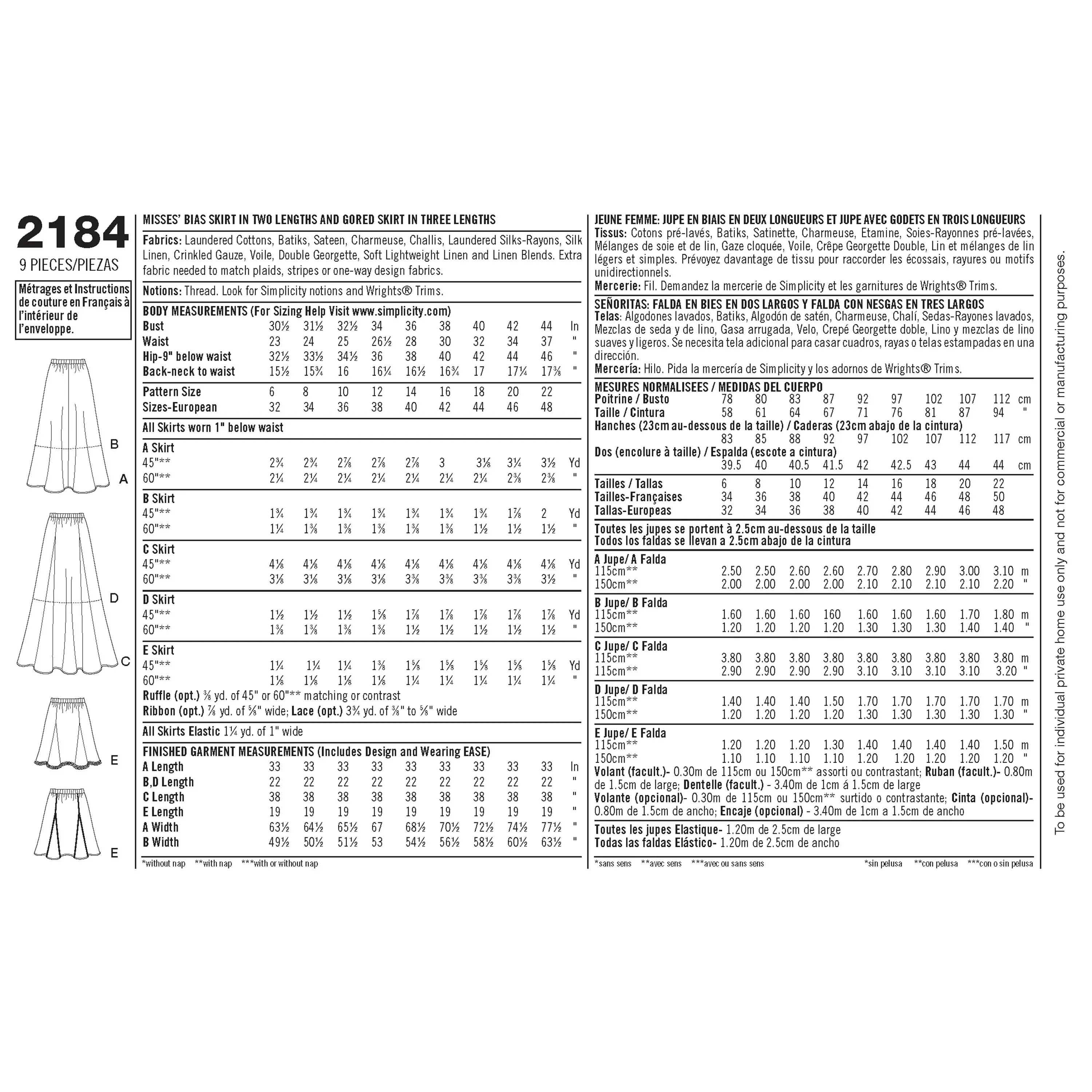 Simplicity Pattern S2184 Misses' Skirts