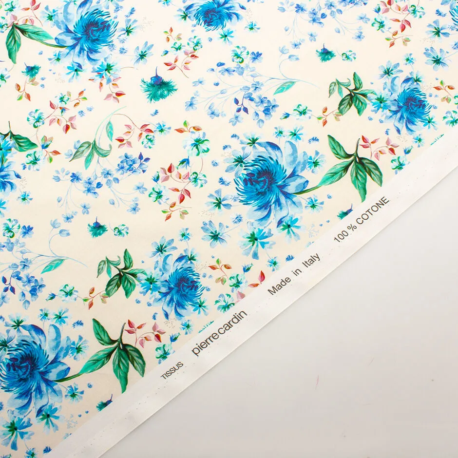 Sky Blue & Green Floral Printed Ivory Cotton (A 1.20m Piece)