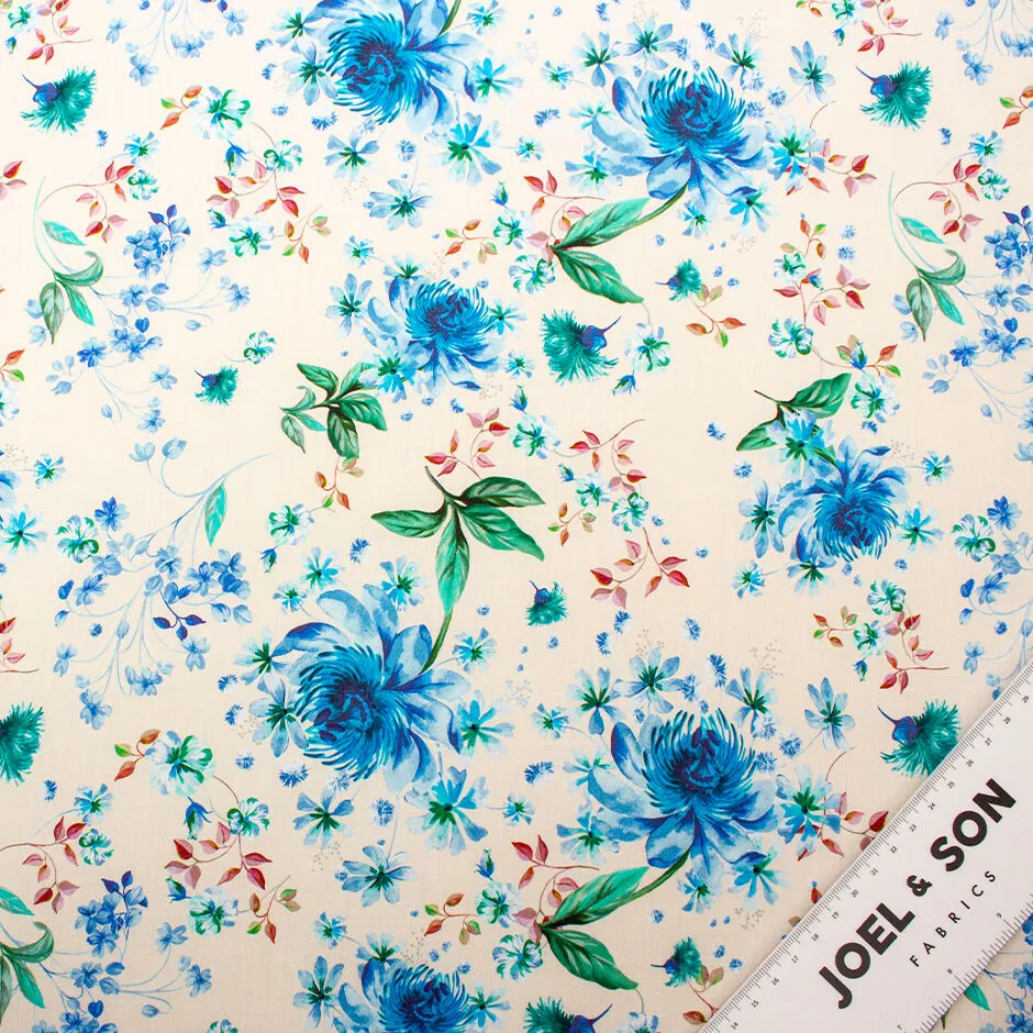 Sky Blue & Green Floral Printed Ivory Cotton (A 1.20m Piece)