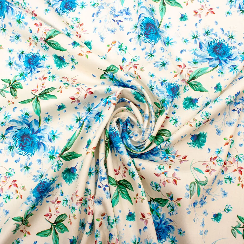 Sky Blue & Green Floral Printed Ivory Cotton (A 1.20m Piece)