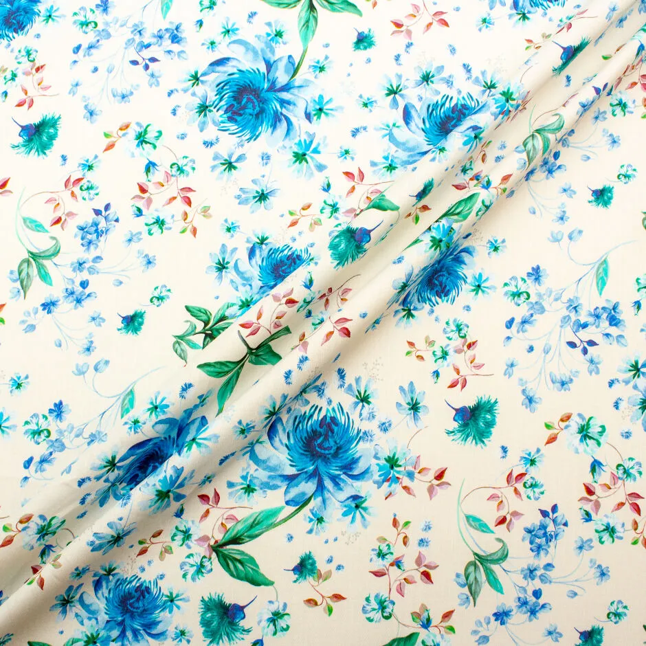 Sky Blue & Green Floral Printed Ivory Cotton (A 1.20m Piece)