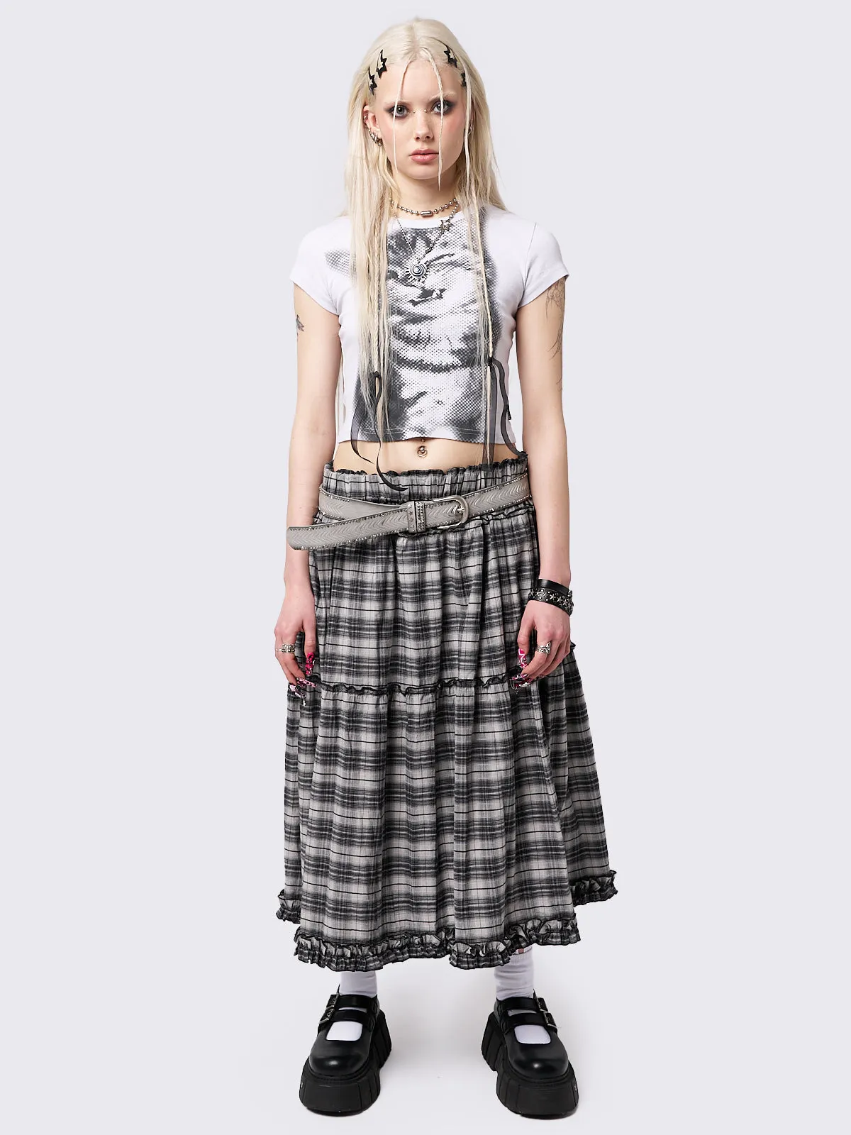 Tiana Checkered Ruffled Maxi Skirt