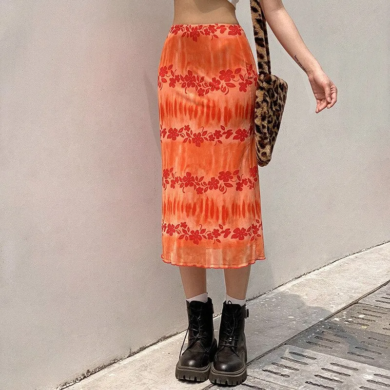 Wenkouban   New Floral Printed Skirts Y2k Orange Fairy Grunge Long Skirts Women Vintage Cute Skirts 2022 Summer Skirts Fashion Holiday Skirt