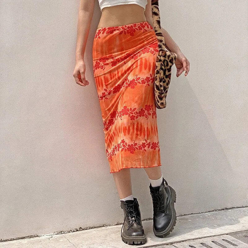 Wenkouban   New Floral Printed Skirts Y2k Orange Fairy Grunge Long Skirts Women Vintage Cute Skirts 2022 Summer Skirts Fashion Holiday Skirt