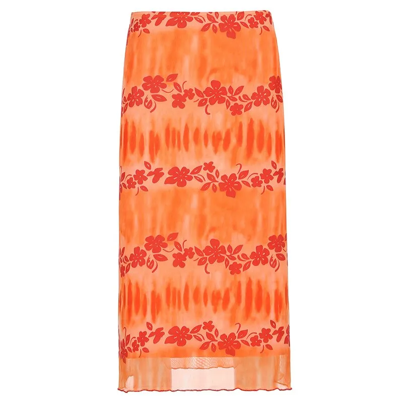 Wenkouban   New Floral Printed Skirts Y2k Orange Fairy Grunge Long Skirts Women Vintage Cute Skirts 2022 Summer Skirts Fashion Holiday Skirt