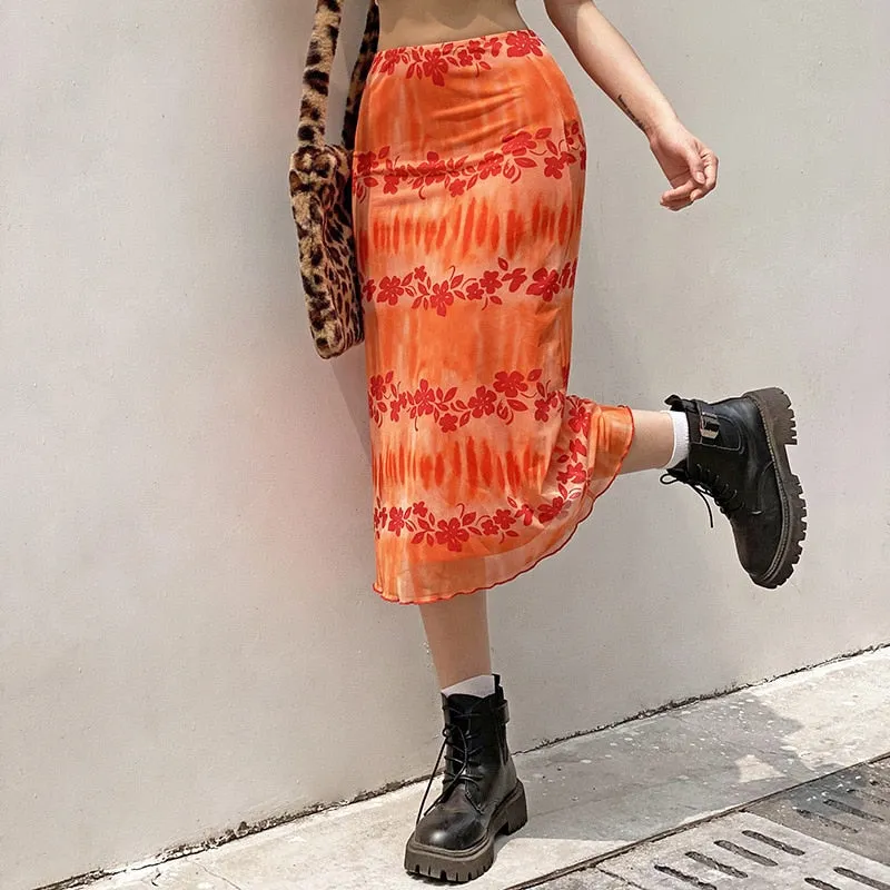 Wenkouban   New Floral Printed Skirts Y2k Orange Fairy Grunge Long Skirts Women Vintage Cute Skirts 2022 Summer Skirts Fashion Holiday Skirt