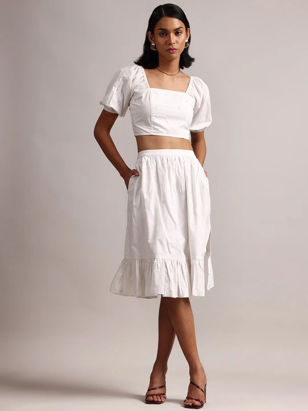 White Cotton Schiffli Fit & Flare Skirt Top Set