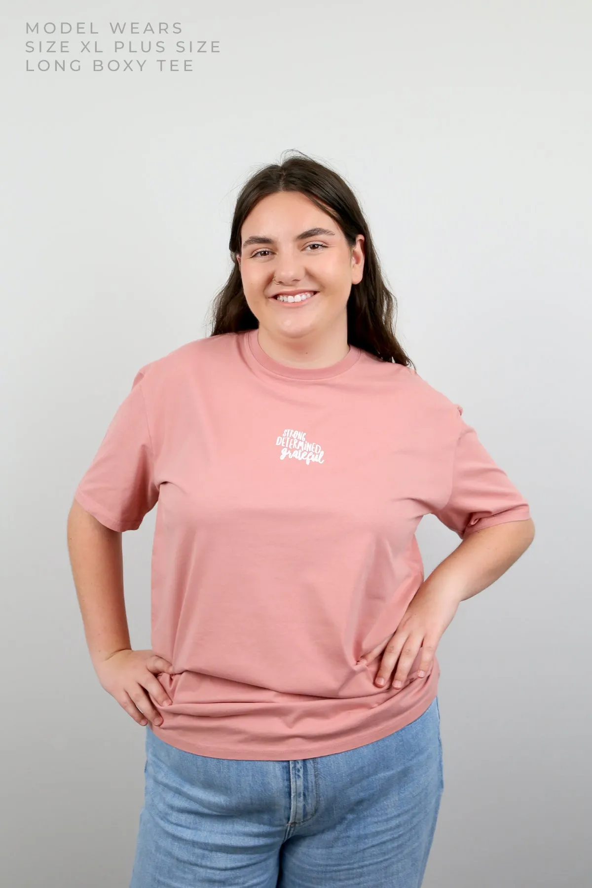 WORTHY BEAUTIFUL BRAVE  - Plus Size Long Boxy Tee - Dusty Rose with White Print