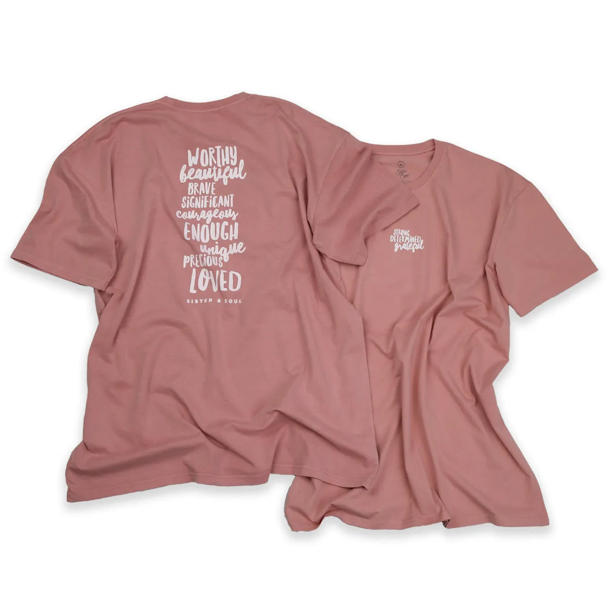 WORTHY BEAUTIFUL BRAVE  - Plus Size Long Boxy Tee - Dusty Rose with White Print