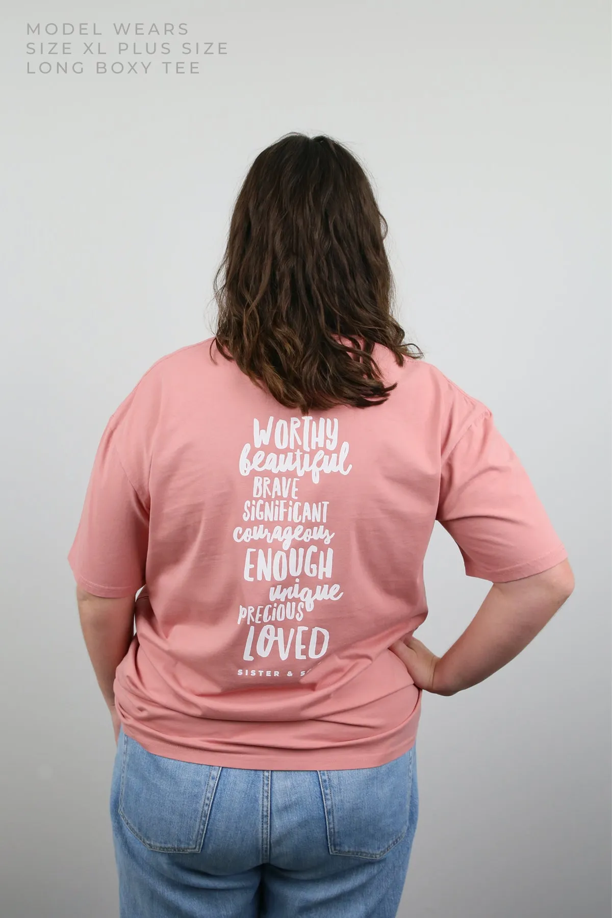 WORTHY BEAUTIFUL BRAVE  - Plus Size Long Boxy Tee - Dusty Rose with White Print